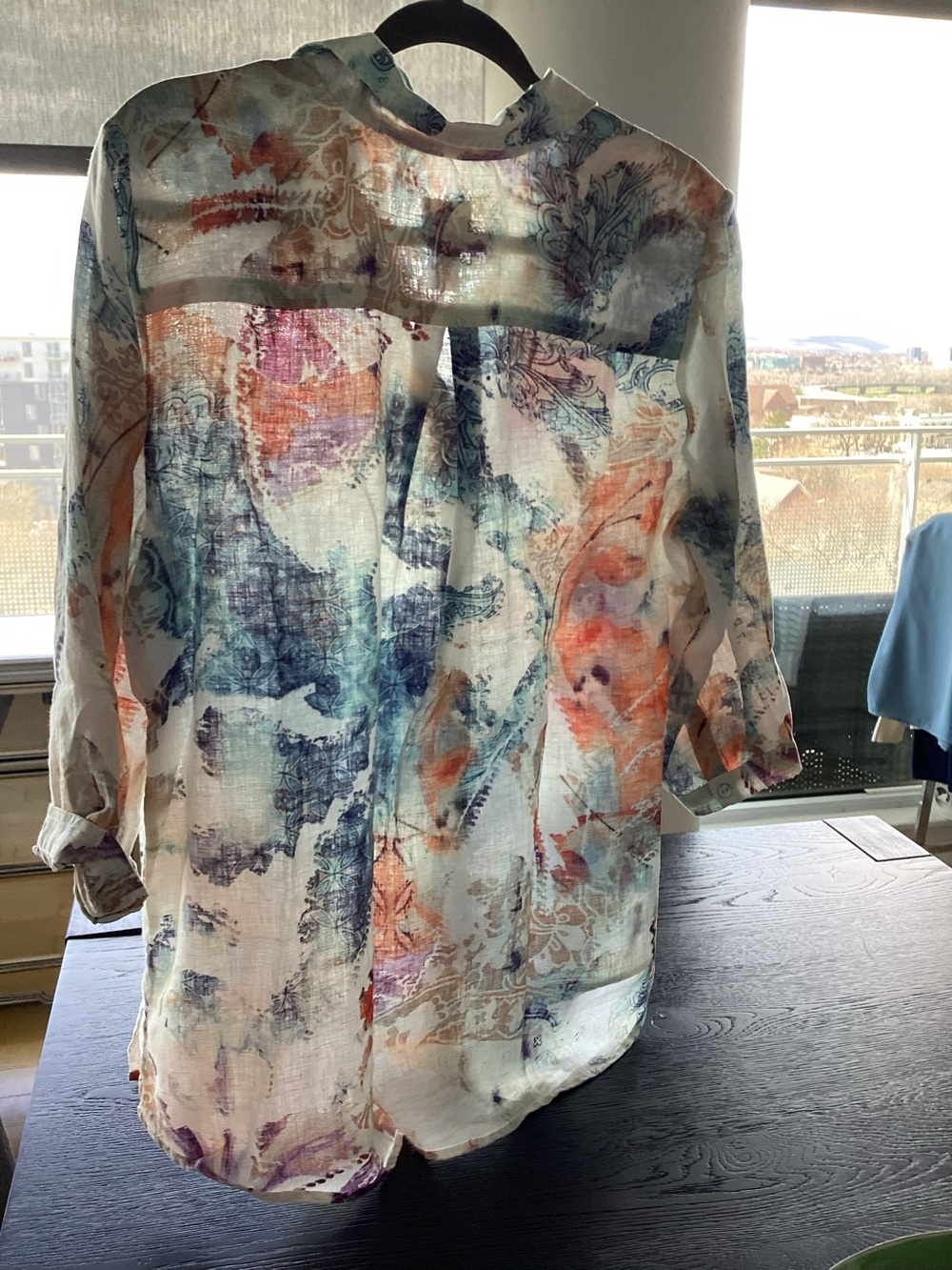 Chico's White Sheer Blouse with Purple and Orange Watercolor Print